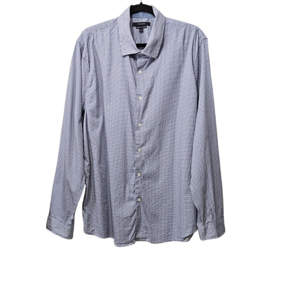 Tahari Regular Fit Stretch Long Sleeve Blue & White Button Down Geometric Shirt